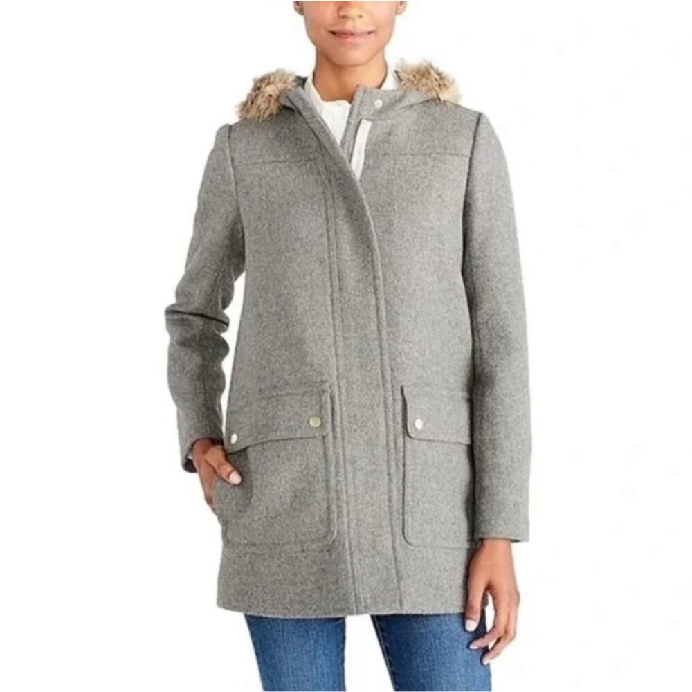 J. CREW VAIL WOOL-BLEND PARKA COAT REMOVABLE FAUX FUR TRIM sz 4p 4 petite